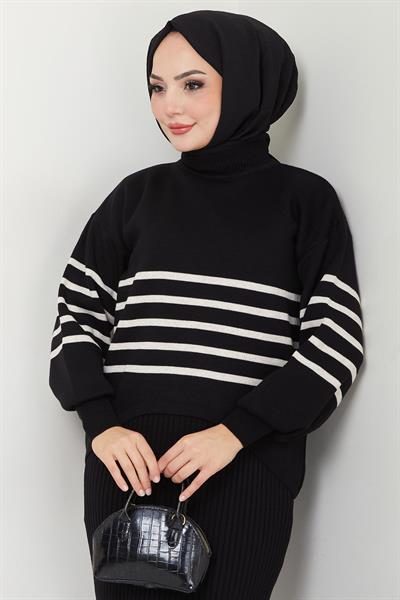 Çizgili Jile Kazak Triko Takım Siyah HM2596