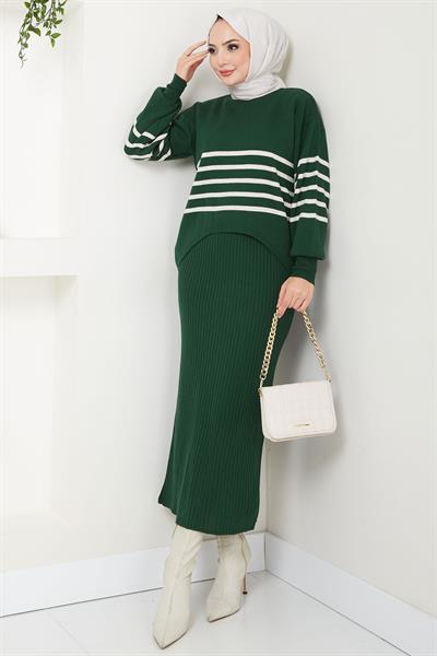 Çizgili Jile Kazak Triko Takım Zümrüt HM2596