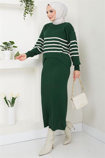 Çizgili Jile Kazak Triko Takım Zümrüt HM2596