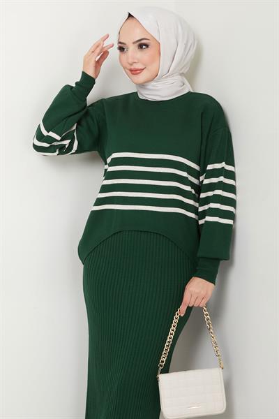 Çizgili Jile Kazak Triko Takım Zümrüt HM2596