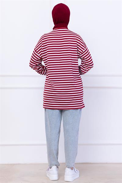 Çizgili Kısa Penye Tunik Bordo HM2477