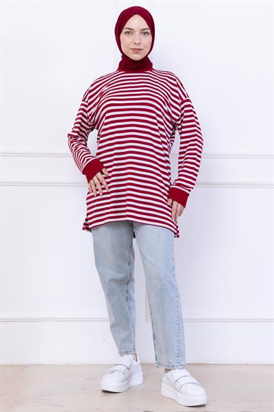 Çizgili Kısa Penye Tunik Bordo HM2477