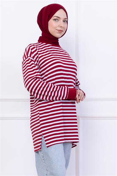 Çizgili Kısa Penye Tunik Bordo HM2477