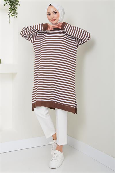 Çizgili Penye Tunik Kahverengi HM2418
