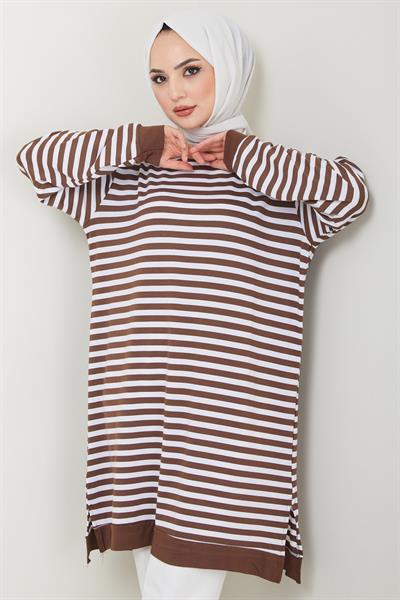 Çizgili Penye Tunik Kahverengi HM2418