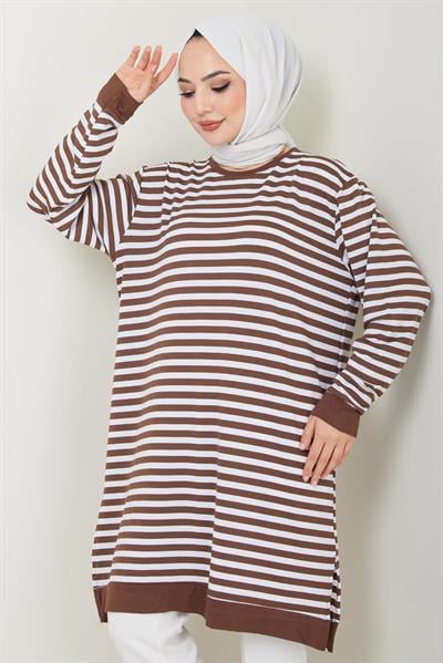 Çizgili Penye Tunik Kahverengi HM2418