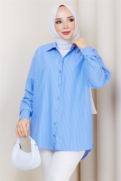 Çizgili Tesettür Gömlek Mavi HM2893