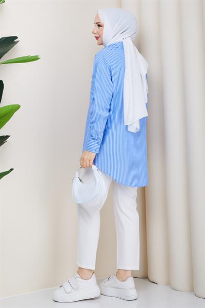 Çizgili Tesettür Gömlek Mavi HM2893
