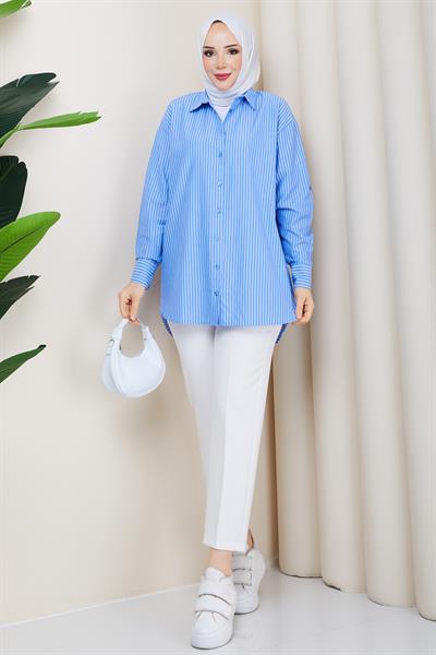 Çizgili Tesettür Gömlek Mavi HM2893
