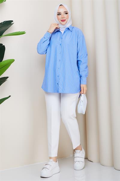 Çizgili Tesettür Gömlek Mavi HM2893