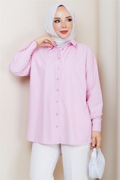 Çizgili Tesettür Gömlek Pembe HM2893
