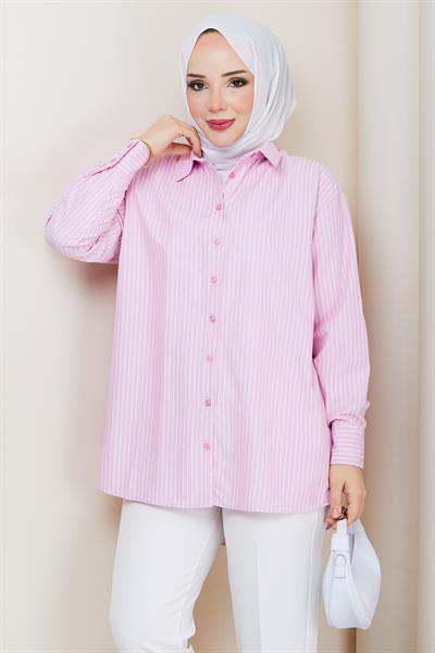 Çizgili Tesettür Gömlek Pembe HM2893
