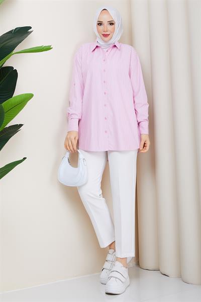 Çizgili Tesettür Gömlek Pembe HM2893