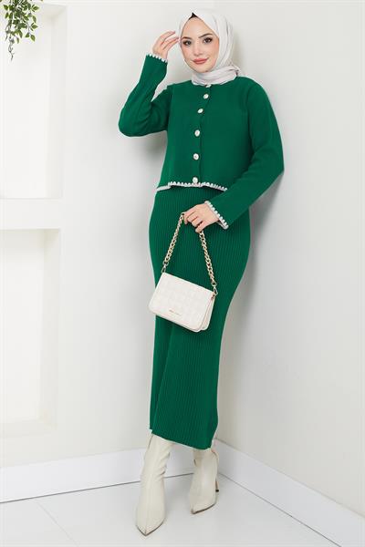 Çoban Dikişli Hırka ve Jile Triko Takım Zümrüt HM2613