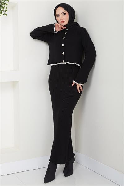 Çoban Dikişli Hırka ve Jile Triko Takım Siyah HM2613