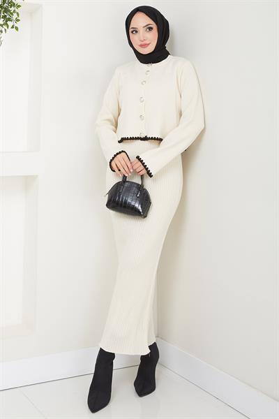 Çoban Dikişli Hırka ve Jile Triko Takım Ekru HM2613