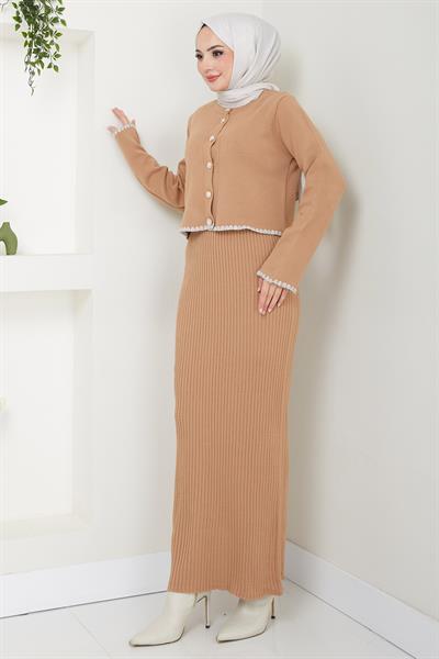 Çoban Dikişli Hırka ve Jile Triko Takım Camel HM2613