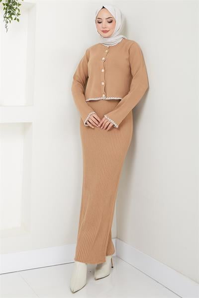 Çoban Dikişli Hırka ve Jile Triko Takım Camel HM2613