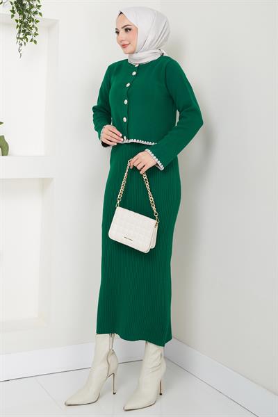 Çoban Dikişli Hırka ve Jile Triko Takım Zümrüt HM2613