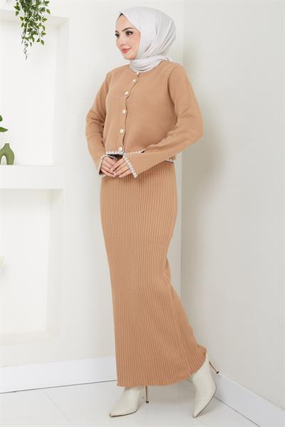 Çoban Dikişli Hırka ve Jile Triko Takım Camel HM2613