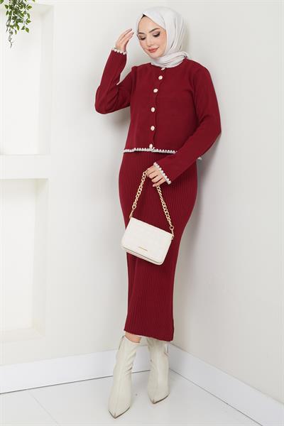 Çoban Dikişli Hırka ve Jile Triko Takım Bordo HM2613