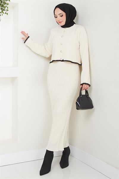Çoban Dikişli Hırka ve Jile Triko Takım Ekru HM2613