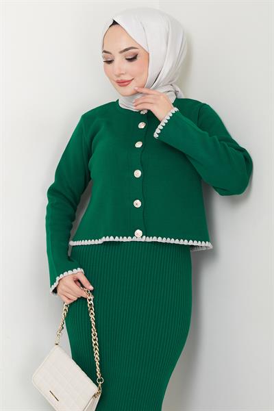 Çoban Dikişli Hırka ve Jile Triko Takım Zümrüt HM2613