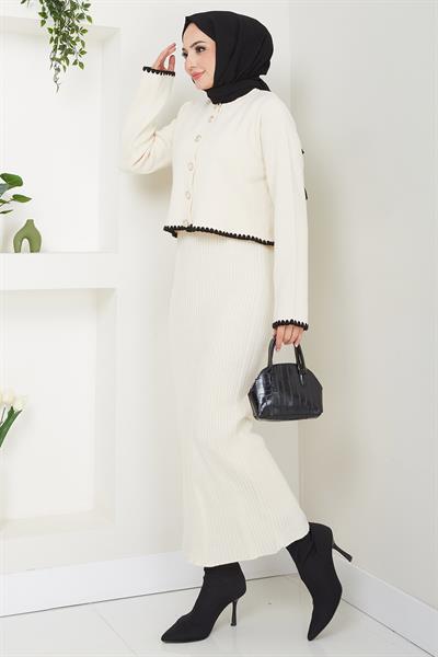 Çoban Dikişli Hırka ve Jile Triko Takım Ekru HM2613