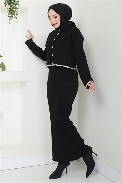 Çoban Dikişli Hırka ve Jile Triko Takım Siyah HM2613