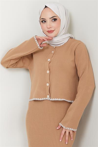 Çoban Dikişli Hırka ve Jile Triko Takım Camel HM2613