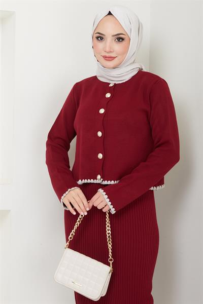 Çoban Dikişli Hırka ve Jile Triko Takım Bordo HM2613