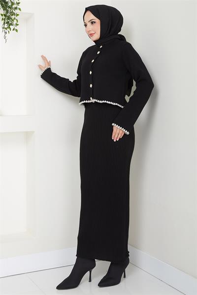Çoban Dikişli Hırka ve Jile Triko Takım Siyah HM2613