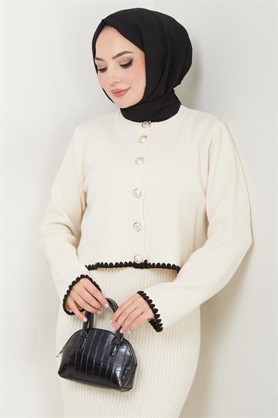 Çoban Dikişli Hırka ve Jile Triko Takım Ekru HM2613