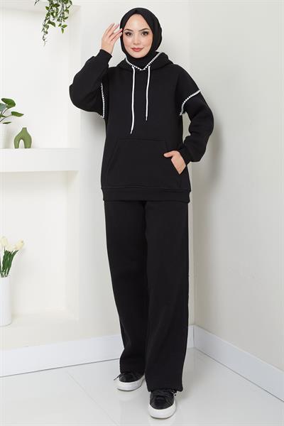 Çoban Nakışlı Üç İplik Şardonlu Kapşonlu Eşofman Takımı Siyah HM2579