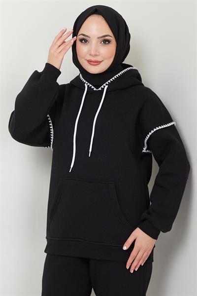 Çoban Nakışlı Üç İplik Şardonlu Kapşonlu Eşofman Takımı Siyah HM2579