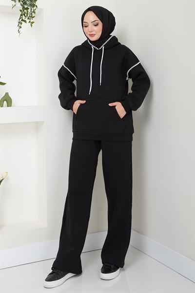 Çoban Nakışlı Üç İplik Şardonlu Kapşonlu Eşofman Takımı Siyah HM2579