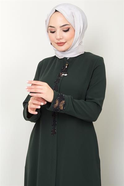 Damla Taş Detaylı Ferace Haki HM2435