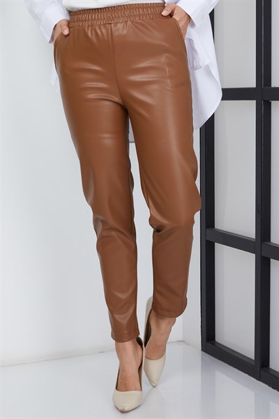 Deri Dar Paça Cepli Pantolon Taba