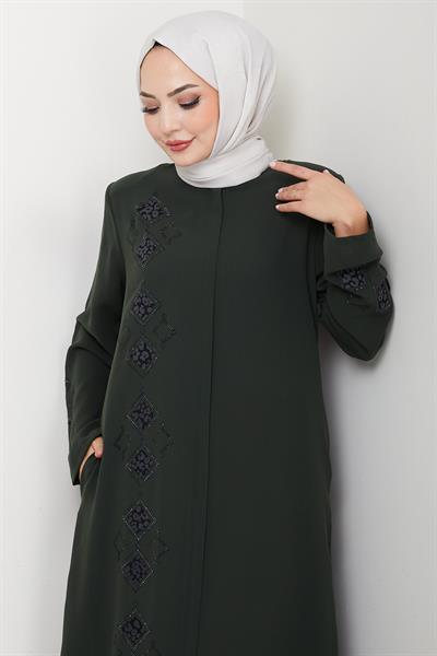 Deri İşlemeli Ferace Haki HM2849