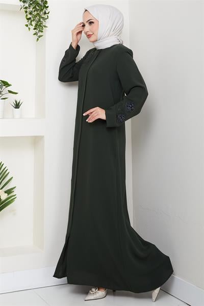 Deri İşlemeli Ferace Haki HM2849