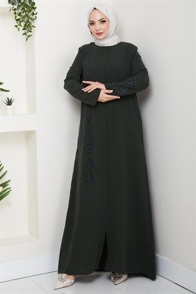 Deri İşlemeli Ferace Haki HM2849