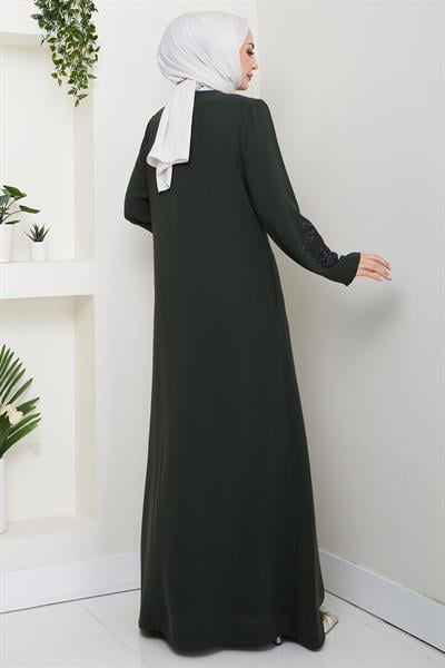 Deri İşlemeli Ferace Haki HM2849