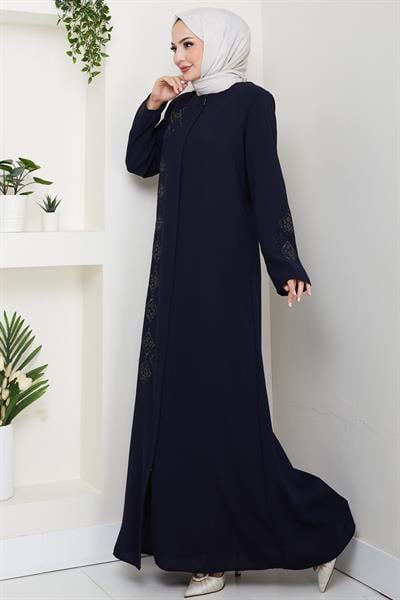 Deri İşlemeli Ferace Lacivert HM2849