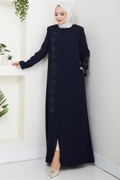 Deri İşlemeli Ferace Lacivert HM2849