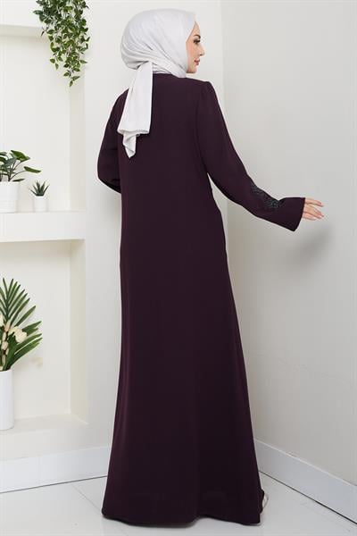 Deri İşlemeli Ferace Mürdüm HM2849