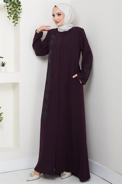 Deri İşlemeli Ferace Mürdüm HM2849