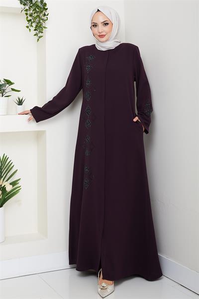 Deri İşlemeli Ferace Mürdüm HM2849