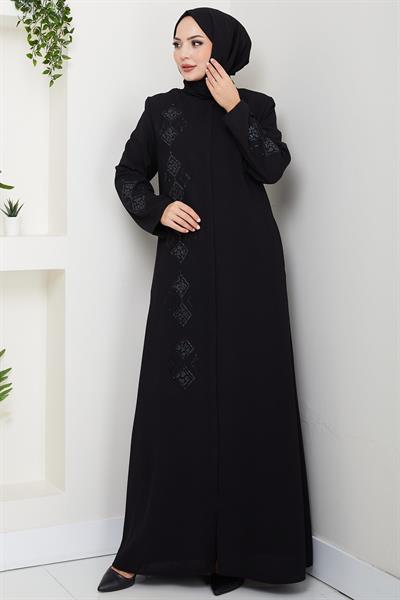 Deri İşlemeli Ferace Siyah HM2849