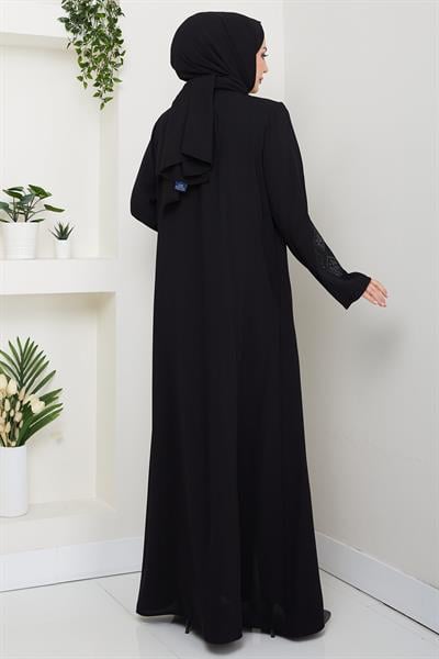 Deri İşlemeli Ferace Siyah HM2849