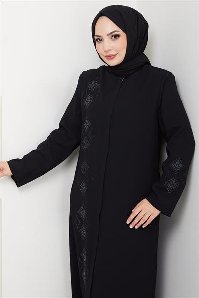 Deri İşlemeli Ferace Siyah HM2849